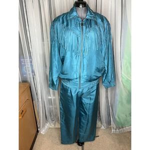 silk track suit top pant set western fringe